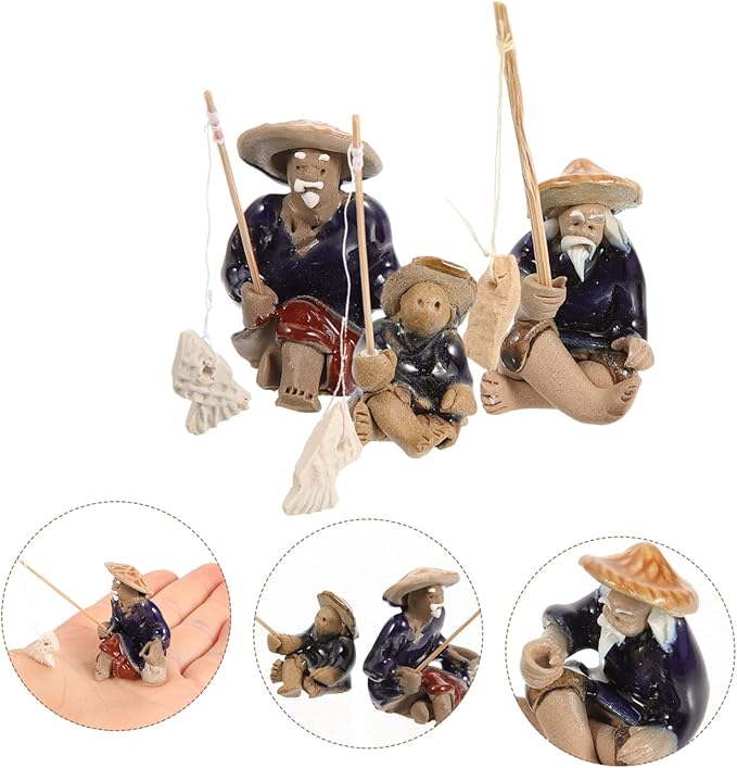 Mikikit 15pcs Ceramic Fisherman Figurines Sculpture Miniature Statues for Aquarium Decor Asian Fisherman Figurine for Bonsai Pot and Zen Garden Lifelike Fishing Man Ornaments for