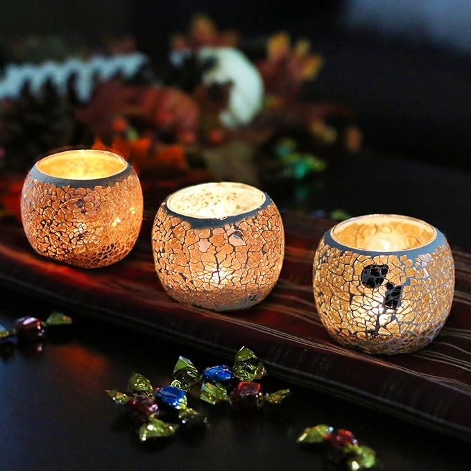 Romantic Mosaic Cracked Candle Holders(NO Candles) Wedding Dinner by Candlelight,Handmade Tea Light Holders Candles Cape Bowl for Valentine's,Christmas Table Centerpiece,Party Decor 1 PC (Nude Gold)