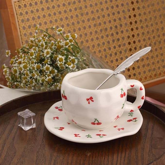 TREEWOO Hand Painted Cherry Ceramic Coffee Cup and Saucer Set, 300ml/10 oz, Korean Style, Hand Pinched Irregular Cappuccino Latte Tea Cup