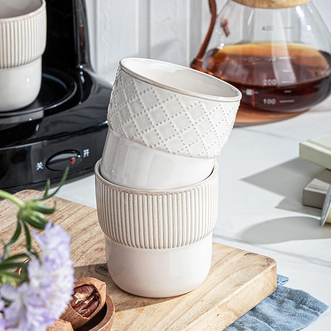 Espresso Cups Set of 2, 4oz Espresso Shot Cups, Mini Coffee Mugs Farmhouse Decor, Demitasse Cup Perfect for Coffee Maker, Microwave and Dishwasher Safe, (Embossed Stripes+Checks