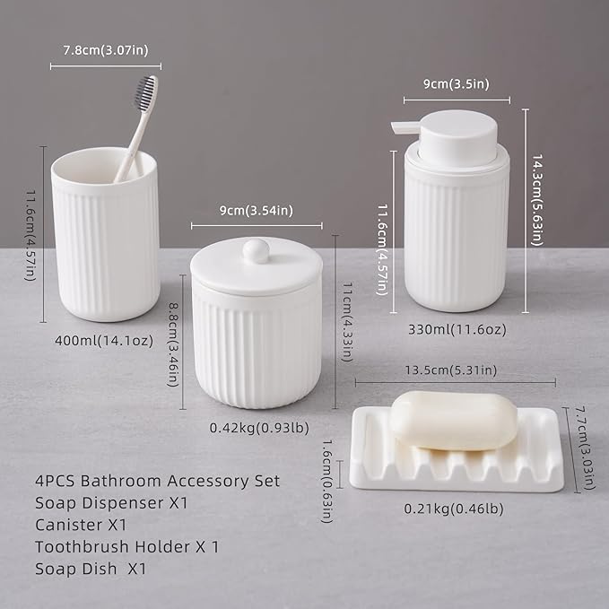 Ceramic Bathroom Accessories Set,Lotion Soap Dispenser and Toothbrush Holder Set, Soap Dish, Apothecary Jars,Rustic Farmhouse Decor, Bathroom Home Decor (White Set, Liquid)