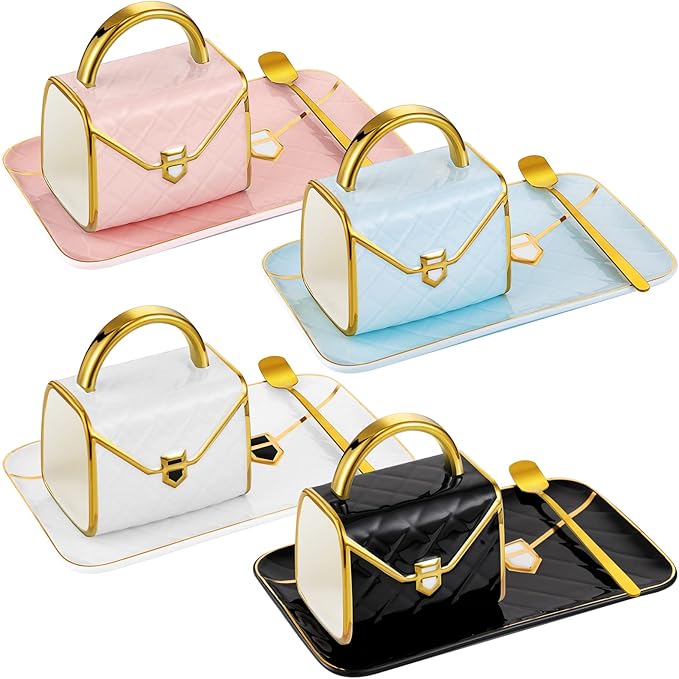 Sliner Handbag Coffee Mug Set- 4 Sets Handbag Coffee Mug with Saucer Spoon 10 Oz/ 310 ml - Cute Ceramic Creative Tea Cup for Women Girls Valentines Gift(Classic)