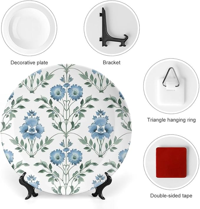 Vintage Plates Mughal Flower Mughal Flower in Monsoon Customize Decor for Table Household Office Home Porcelain Dessert Plate Set with Display Stand And Hook Up, Multi Sizes, Gifts for Men Women
