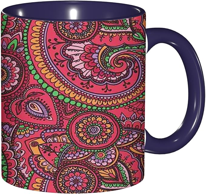 Asian,Ceramic Coffee Mug, Pattern Based on Traditional, Funny Tea Cup, 6 Colors to Choose, 11 Oz, Dishwasher and Microwave Safe (Navy blue)