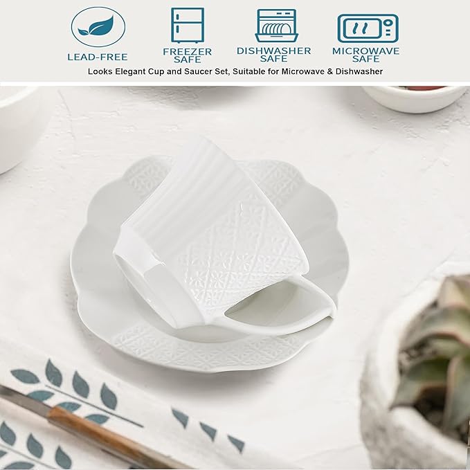12 Pieces 6 oz Tea Cup and Saucer Set, Cappuccino Latte Americano Coffee Cup with Saucer Set of 6, Espresso Double Shot Cup, New Bone Porcelain Embossment Tea Cups, for Cafe Kitchen, Gift Idea, White