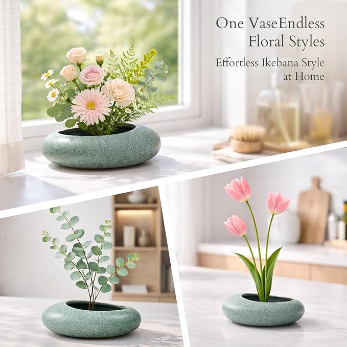 Japanese Flower Frog Vase Set – Japanese Artisan Celadon Glaze Flower Vase with Flower Frog, Modern Flower Arrangement Pot for Living Room Decor & Art Supplies, Gift Box for Flower Lover