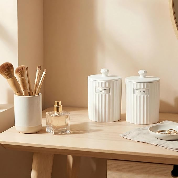 White Ceramic Bathroom Organizer and Storage Jars with Lid, 2 Pack Qtip Holder and Cotton Pad Dispenser, Apothecary Canisters for Vanity, Kitchen Countertop, Home Decor