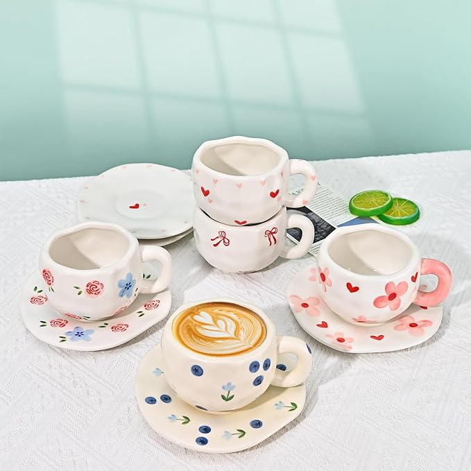 Koythin Ceramic Coffee Mug with Saucer Set, Cute Creative Bow Cup Unique Irregular Design for Office and Home, 10 oz/300 ml for Latte Tea Milk