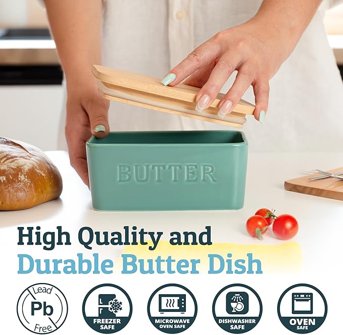 PriorityChef Extra Large Butter Dish with Lid for Countertop, Ceramic Butter Container With Airtight Cover, Butter Keeper for Counter or Fridge, Butter Holder Storage, Turquoise