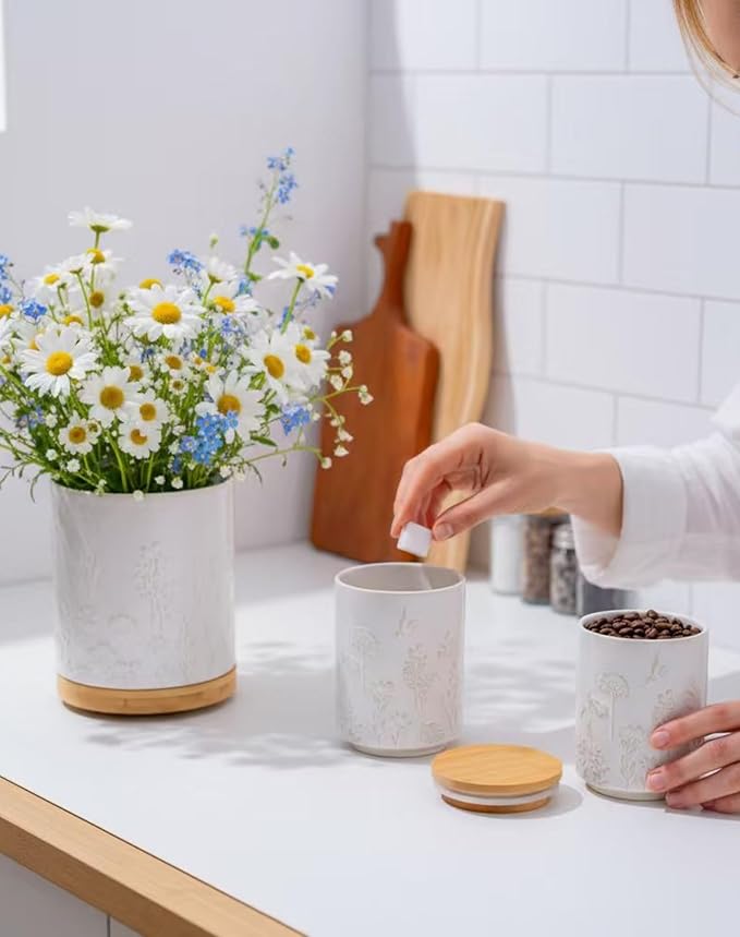 TEATALK Ceramic Utensil Holder Set, 360° Rotating Organizer for Countertop, Farmhouse Vintage Style, Large and Small Crocks in White Garden Pattern，7.7"+5.7"
