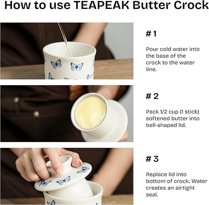 Stoneware Butter Crock with Lid, Ceramic Butter Dish with Water Line, Countertop Butter Keeper, Butter Holder for Countertop, Butterfly