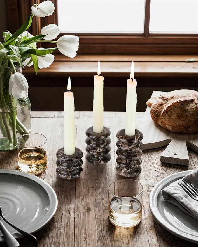 Vixdonos Marble Candle Holder Set of 3 Taper Candle Candlestick Mantle Candle Stand for Home Decor,Wedding,Party and Table Centerpieces(Brown)