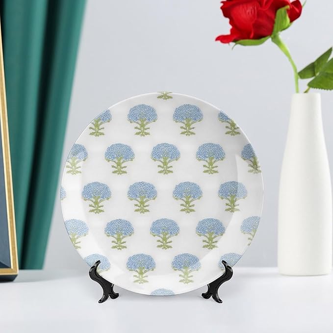 Hydrangea Springtime Blue Flower Ceramic Decorative Plate of 6", 7", 8", 10", Custom Christmas Design Wall Hanging Decoration Gifts Farmhouse Table Decorations Display, with Vertical Stand