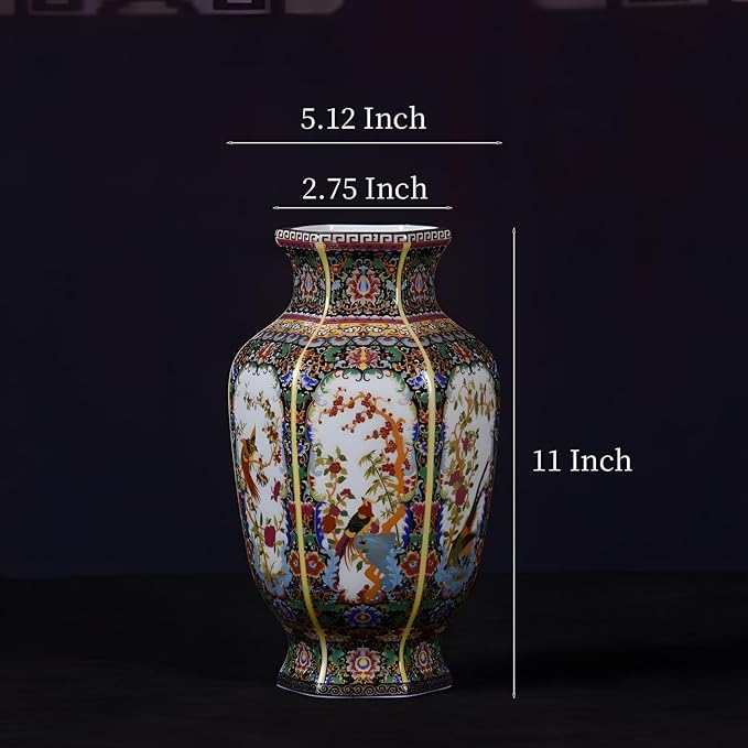 Antique Ceramic Vase - 9.8 Inch Vintage Famille Rose & Enamel Floral Bird Porcelain Vase, Chinese Home Decor, New House Gift for Study Room, Curio Cabinet, Bar Cabinet Decor