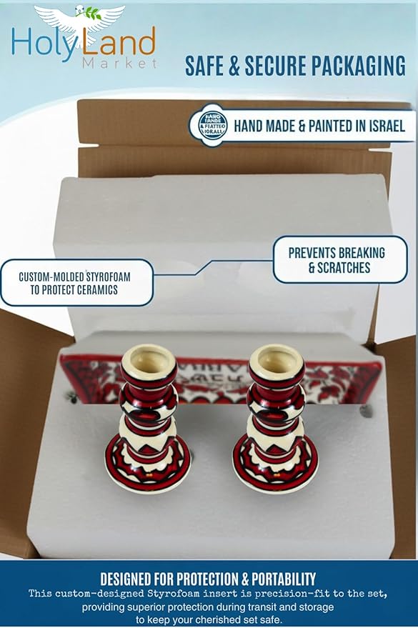 Holy Land Market Shabbat Candlesticks Set - Colorful Ceramic Shabbat Candle Holders Set with Matching Plate for Holidays, Red