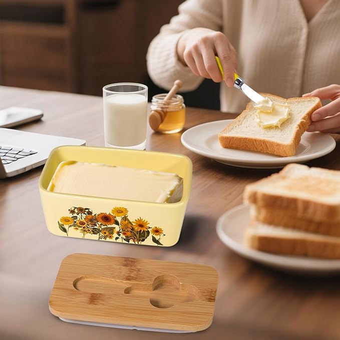 Sunflower Butter Dish with Lid,Large Butter Crock Keeper Saver,Ceramic Butter Container for Countertop with Highly Sealed Silicone Thick Wooden Lid for Kitchen Farmhouse Decor (Yellow, Sunflower)