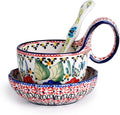 silesia Handmade Loop Handle Soup Bowl, Plate and Spoon Set Ceramic Hand Painted Cereal Bowl Great for Soup, Ice cream, Snack, Stew in Gift Box, Dishwasher & Microwave Safe, Polish Garden