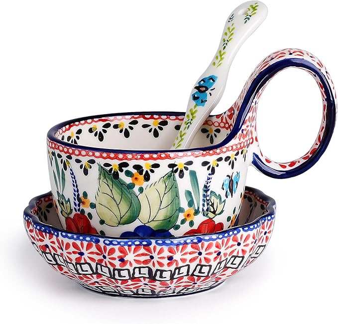 silesia Handmade Loop Handle Soup Bowl, Plate and Spoon Set Ceramic Hand Painted Cereal Bowl Great for Soup, Ice cream, Snack, Stew in Gift Box, Dishwasher & Microwave Safe, Polish Garden