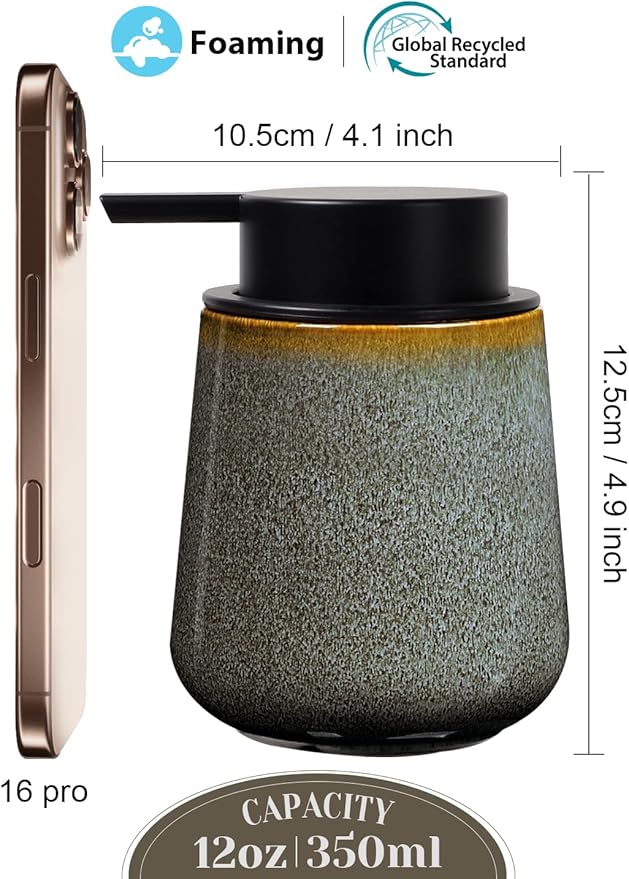 INGOFIN Ceramic Foaming Soap Dispenser -12oz Foam Hand Soap Dispenser Bathroom, Modern Refillable Dish Wash Soap Bottle for Kitchen with Large Pump -Kiln-Glazed Green