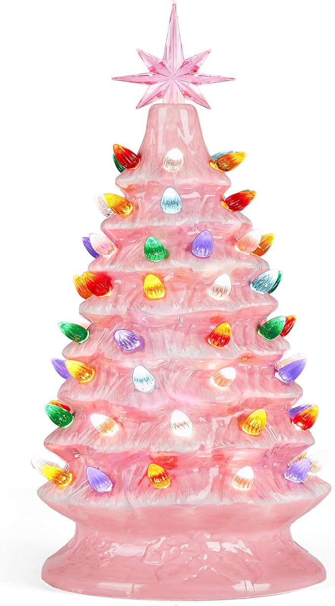 Joiedomi 15" Ceramic Christmas Tree, Table Top Christmas Decor with Star Topper, Vintage Pre-lit Xmas Tree with Multicolored LED Lights, Battery Operated Hand-Painted Xmas Decorations Indoor Home