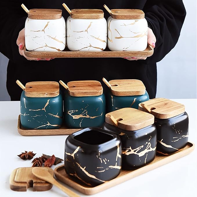 Ceramic Spice Jars Porcelain Condiment Jars Set Marble Ceramic Seasoning Box 3pcs Condiment Pots for salt, sugar, pepper Kitchen Ceramic Seasoning Condiment Jar Set Black