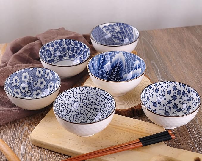 WHJY Blue and White Chinese Japanese Ceramic Rice Bowl 10 oz, Sakura Bowl Gift Set, Serving Bowls Dinnerware Bowls for Rice, Cereal, Noodle, Soup, Desserts, Set of 6
