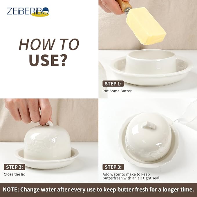 Butter dish, Ceramic Small Butter Dish with Lid, 2025 NEW Original Design Mini Butter Crock Keeper with Handle, 17 OZ Mini Butter Container Cover and Water Sealing 2 Ways Sealing (Flower)