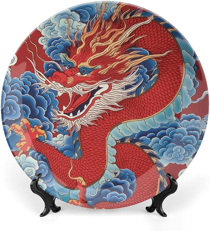 Red Dragon Chinoiserie Asian Inspired Ceramic Decorative Plate of 6", 7", 9", 10", Custom Ceramic Display Plate, Display Home Decorations Housewarming Gifts, Including Bracket And Special Hook