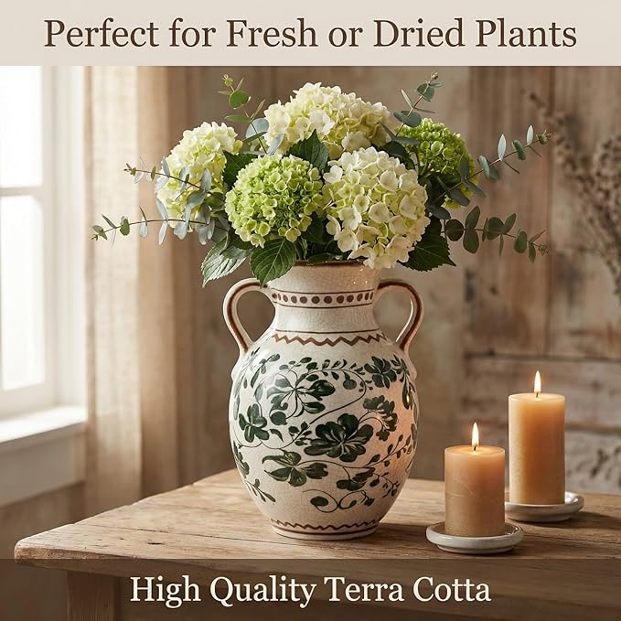 EFISPSS Ceramic Vintage Vase Decorative Spring Decor Chinese Crackle Floral Handle for Dining Room Living Room Green 8.4 in