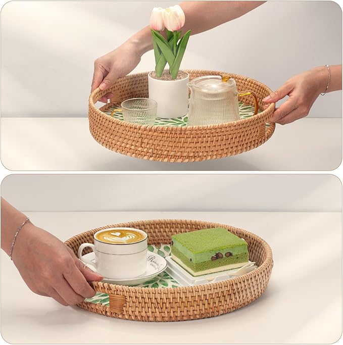 YANGQIHOME Round Serving Tray with Decorative Mother of Pearl Inlay, Woven Rattan Tray for Home Decor, Table Decor, Gifts, Dining, Food, Fruit, Coffee, 13.8 inch
