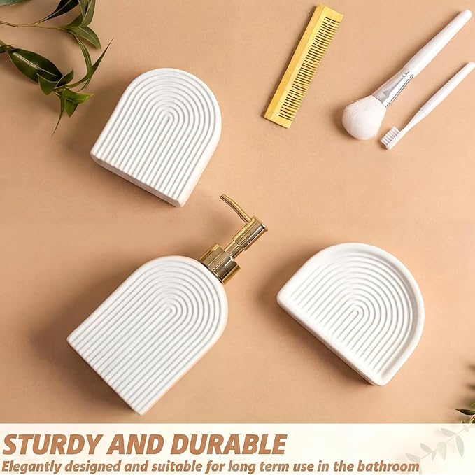 Boho Ceramic Bathroom Accessories Sets 3 Pcs Arch Style Bathroom Accessories for Countertop, Soap Dispenser, Toothbrush Holder Soap Holder Decor for Modern Home Decor
