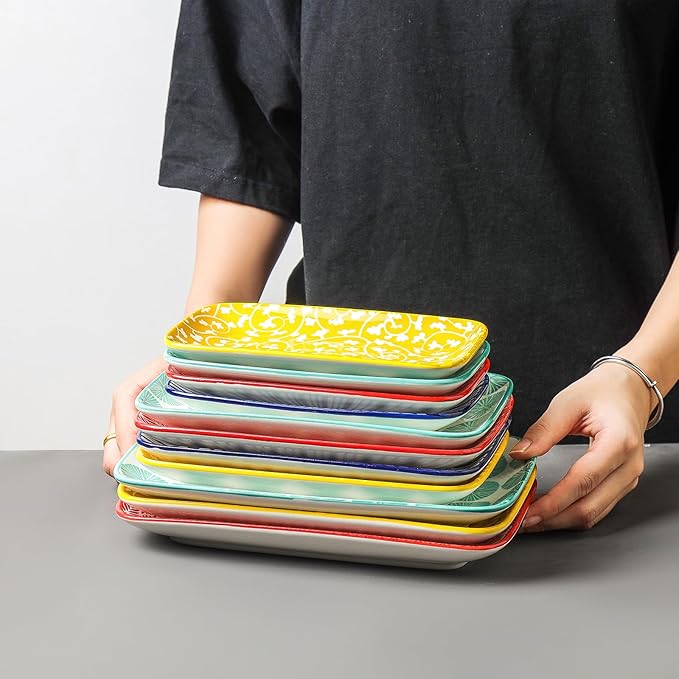 Selamica Rectangular Salad Plates, 7.1 Inch Dessert Plates Ceramic, Small Plates for Appetizer, Snack, Sushi, Fruit, Set of 6, Assorted Colors