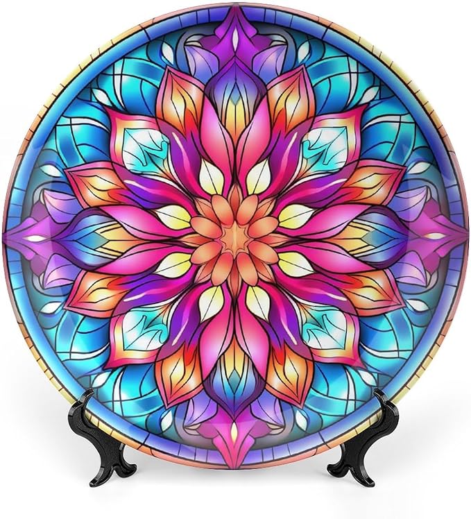 Decorative Plates, Moroccan Floral Stained Glass Design Ceramic Dinner Plate Home Wobble-Plate with Display Stand, Wall Hanging Decor for Kitchen Household 7 Inch, Gifts for Family Friends