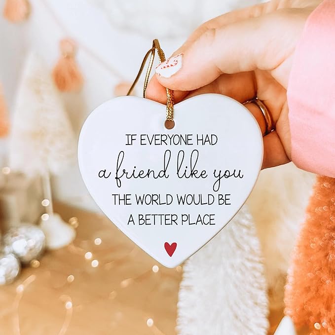 NGHYANA Christmas Tree Ornaments 2025, Heart Shaped Ceramic Ornament with Friendship Message – 3.1 Inch White Hanging Decor Gift