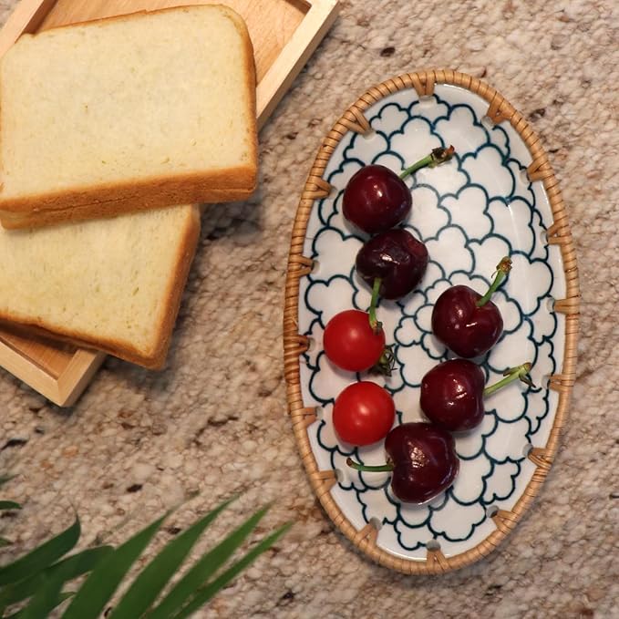 Rattan Ceramic Tray, Oval Fruit/Bread/Cookie/Jewelry Small Storage Porcelain Serving Plate, Vintage Decorative Display Plate for Coffee Table Home Decor Wedding Party Gift (White Cloud)