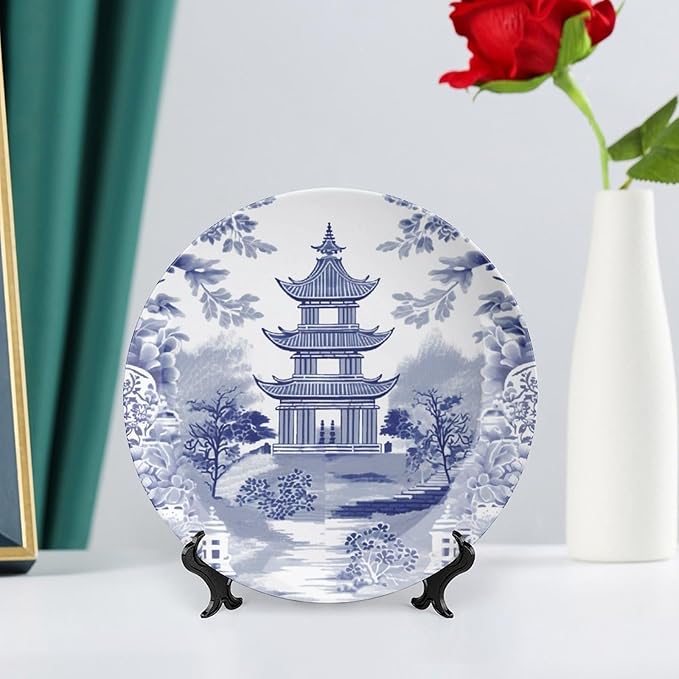 Chinoiserie Blue Asian Pagoda Ceramic Decorative Plate for Display Festival Art Decoration Supplies Home Wedding Holiday Party Decorations Customize Gifts for Men Women Anniversary, 6", 7", 9", 10"