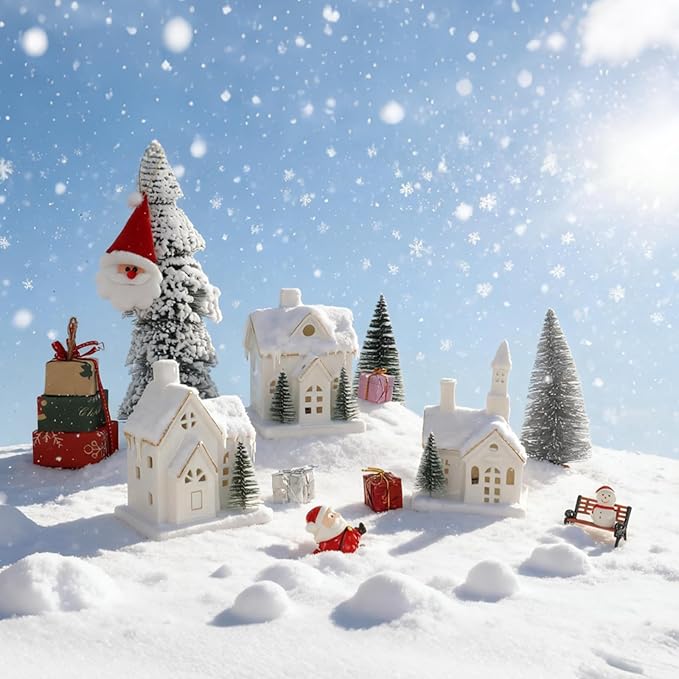 Timer: White Ceramic Christmas Village Houses, 3Pcs Light Up Christmas Village Sets with 4Pcs Trees, LED Lighted Tabletop House Figurines for Home Decor, Winter Holiday, Xmas Gift