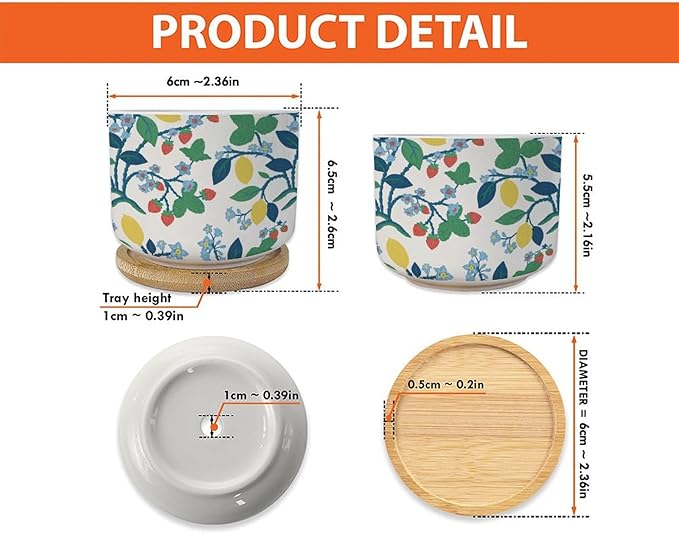Summer Cherry Lemon Citrus Garden Small Ceramics Planter Set of 3 Leaf Fruit Strawberry Ceramics Plant Pot with Drainage Bamboo Trays Chinoiserie Style Succulents Pots