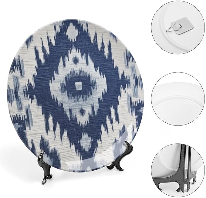 Navy Blue Grey Ikat China Plates of 6", 7", 9", 10", Customize Ceramic Ornaments Dessert Plates, Table Display Decorations Housewarming Gifts, with Display Stand And Hook Up