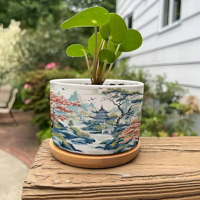 DreamAutumn Chinoiserie White Blue Asian Ceramic Pots for Plants with Drainage Holes Round Flower Pot Bamboo Tray Orchid Pot Succulents Pots for Outdoor Indoor Plants,Housewarming Gifts