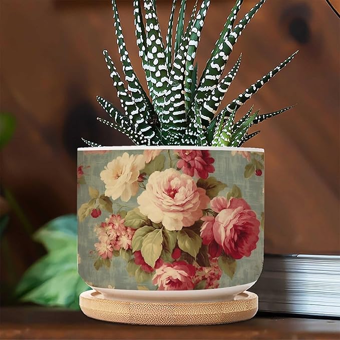 Set of 1 Cottage Chic Antique Pink Flower Small Succulents Pots Pink Cabbage Roses Romantic Planters Ceramics with Drainage Holes Chinoiserie Asian Cactus Planter for Indoor