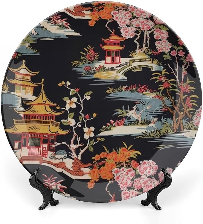Chinoiserie Charcoal Coral Pagoda Asian Fashion Plates, Asian Style Chinoiserie Pagoda Customize Decorative Plate for Office Wedding Decor, with Vertical Stand Art Decor for Festival Club