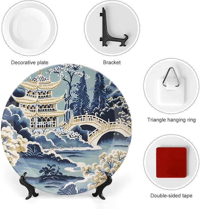 China Plates Blue And White Chinoiserie Pagoda Ming Toile Asian Personalized Decor for Household Home Kitchen Club Chinese Plates Unique Art with Stand, Multi Sizes by Choosing, Gifts for Men Women
