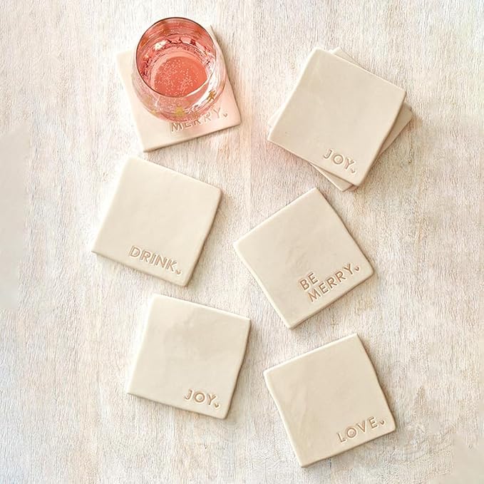 Santa Barbara Design Studio Ceramic Christmas Coasters - Holiday Table Décor, Set of 4, Joy Love Drink Be Merry