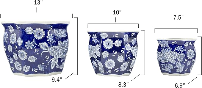 Galt International Dark Blue & White Round Fluted Floral Porcelain Ceramic Plant Flower Planter Pot Set of 3 (7.5", 10", 13") Garden Pots Chinese Asian Design