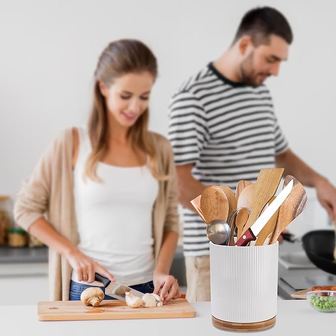 QUELIEN Utensil Holder, 360° Rotating Ceramic Kitchen Utensil Holder for Countertop, 7.7" Utensil Crock for Kitchen Counter with Rotatable Wooden Base,Ideal Housewarming Gift & Mothers Day Gift