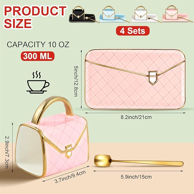 Zubebe 4 Sets Coffee Mug Elegant Handbag Shaped Cup Mother's Day Modern Ceramic Purse Mug with Spoon and Saucer, 10oz Cute Creative Tea Cup for Woman Girls Gift (Pink,Blue,Black,White,)
