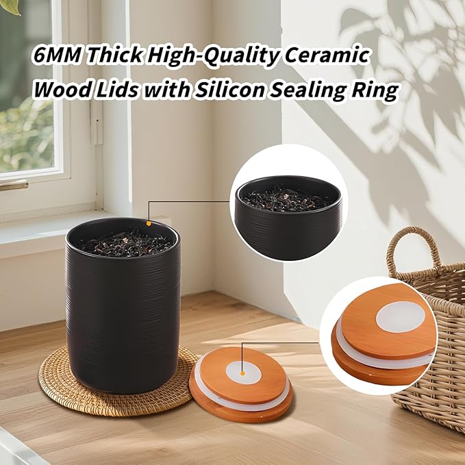 Food Storage Jar Strong Ceramic Storage Canisters with Airtight Wooden Lid,Kitchen Storage Containers for Serving Coffee Beans, Tea, Sugar, Salt, Spices (Little black 9 oz)