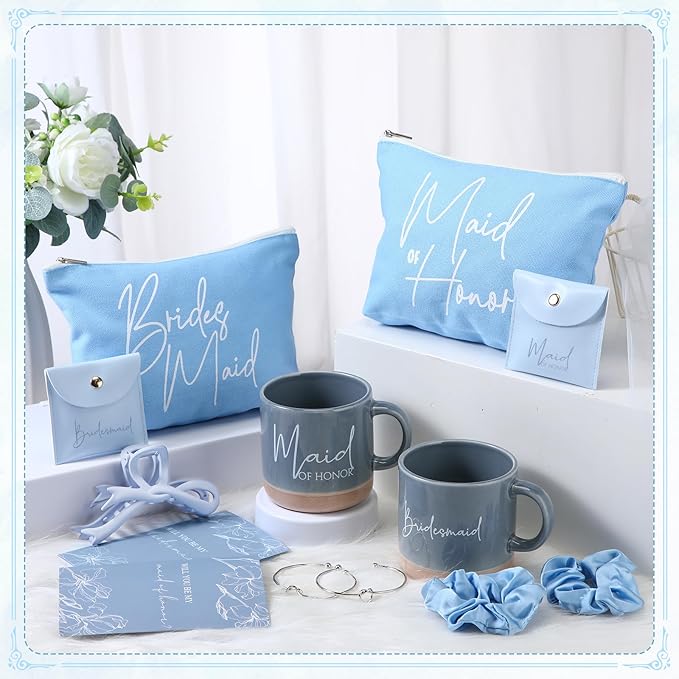 42 Pcs 6 Sets Wedding Favors Bridesmaid Proposal Gifts Maid of Honor Ceramic Coffee Cups Cosmetic Makeup Bags Invited Cards Scrunchies Knotted Bracelets Jewelry Bags Hair Claw Clips(Blue)