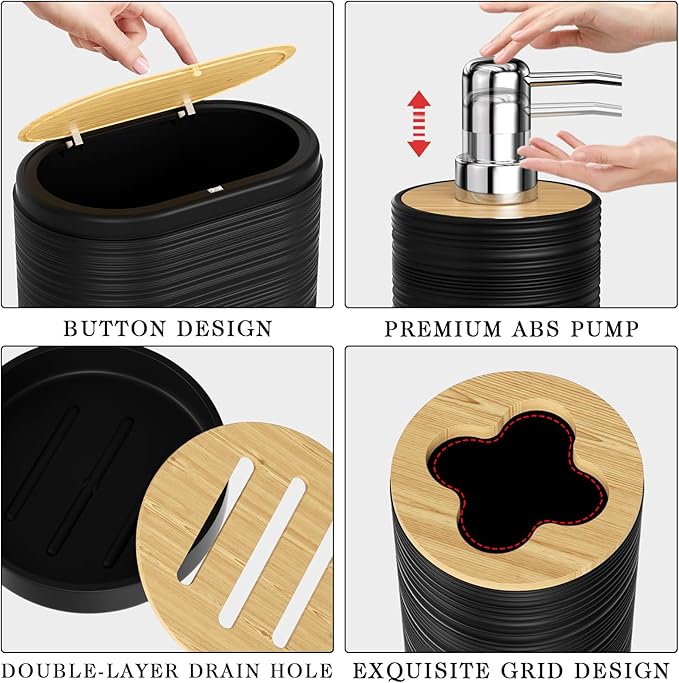 Black Bathroom Set - 10PC Bathroom Accessories Set, Luxury Bathroom Accessory Set with Trash Can,Toilet Brush & 2 PC Soap Dispensers for Apartment Decor and Housewarming